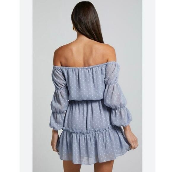 Showpo Blue Polka Dot Off Shoulder Party Life Mini Dress Size 8 Belted EUC - Picture 2 of 7